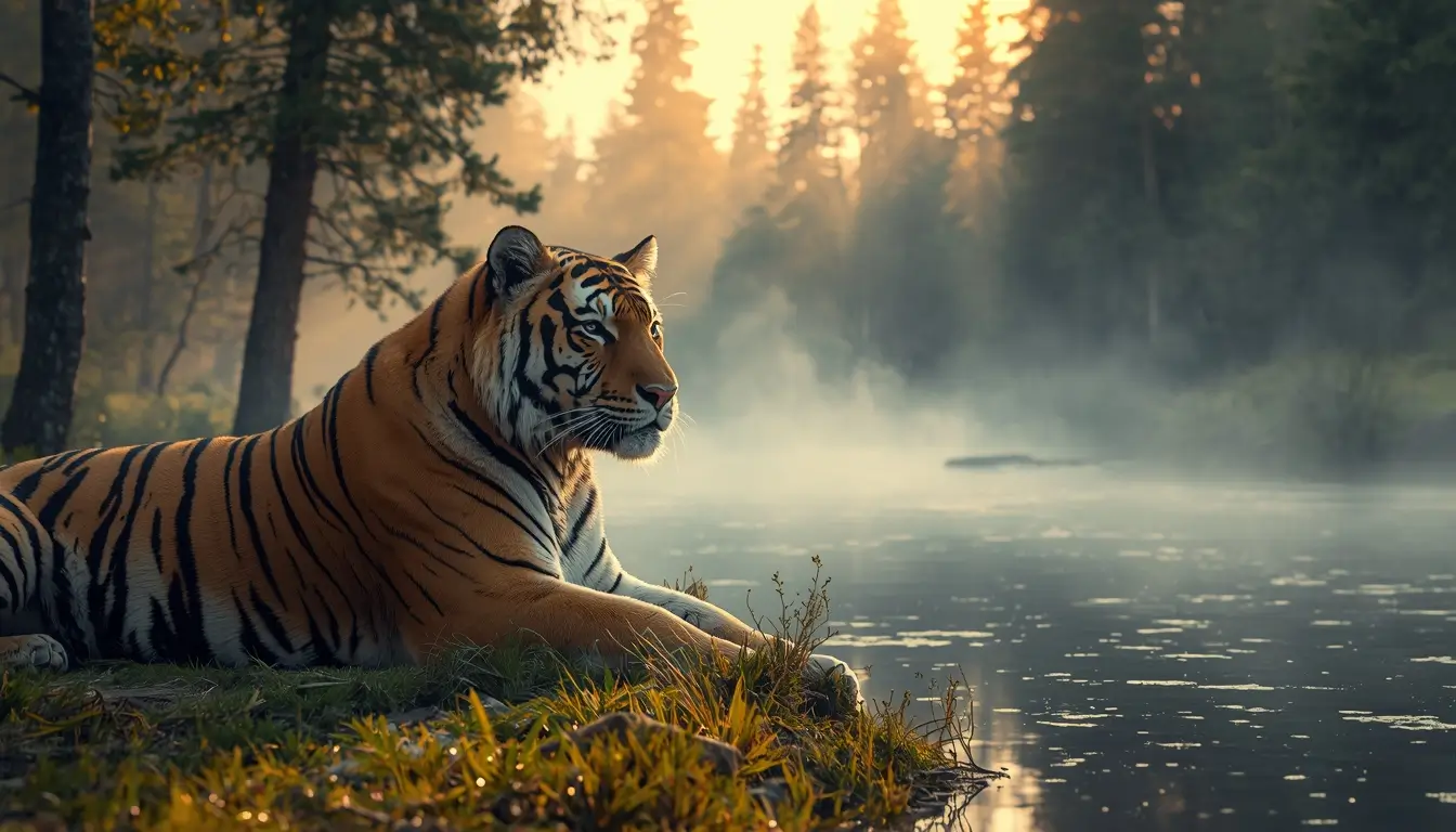 Siberian tiger resting near misty lake forest wildlife scene animal-wallpaper wild-animals-photos photo-of-animals nature
