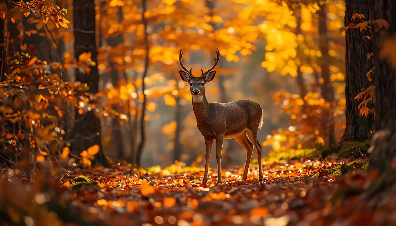 Deer standing in autumn forest with golden leaves wildlife scene animal-wallpaper wild-animals-photos photo-of-animals nature