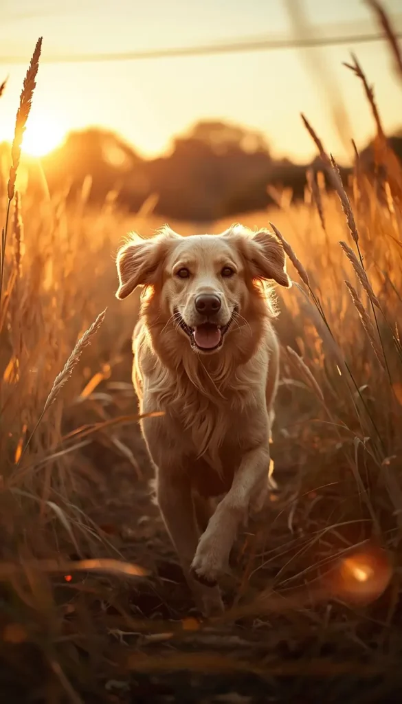 Golden retriever running in sunset field happy dog wildlife scene animal-wallpaper animal-photos photo-of-animals nature