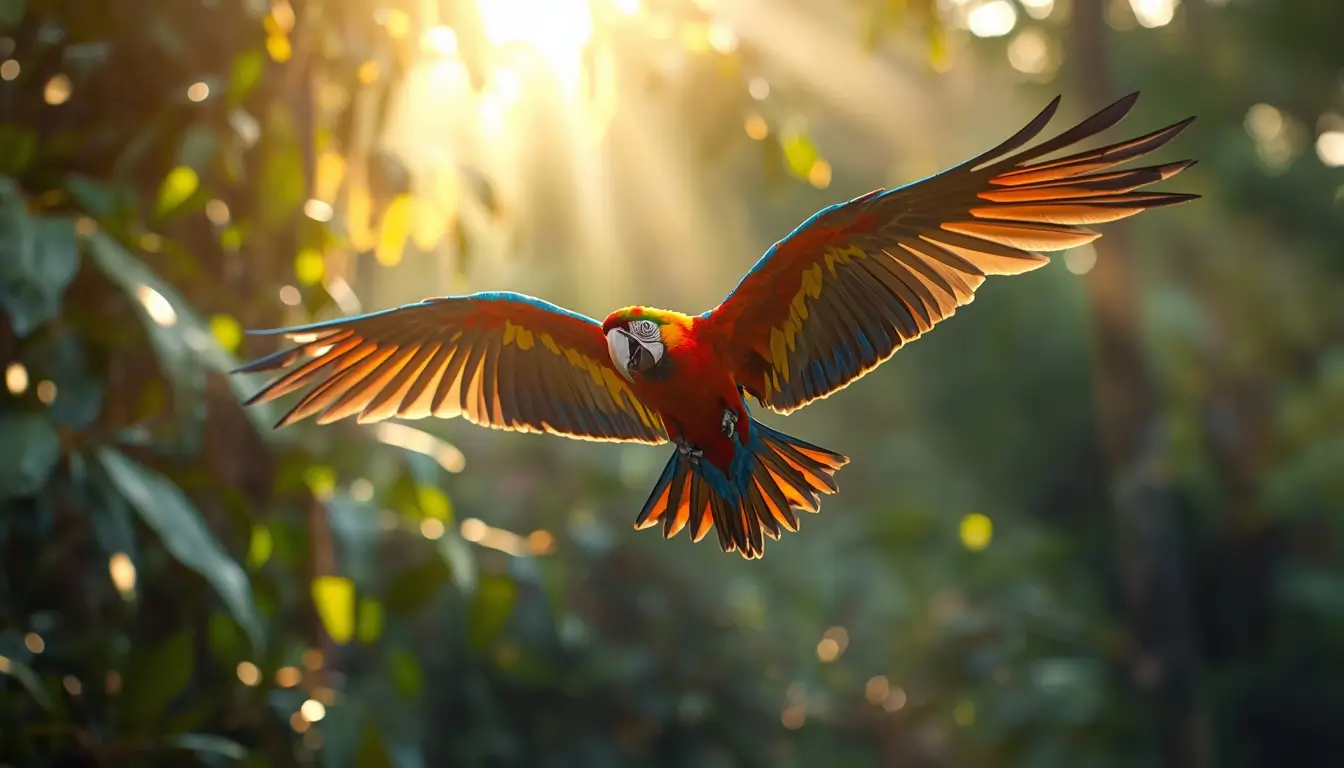 Colorful macaw parrot flying in forest sunlight wildlife scene animal-wallpaper wild-animals-photos photo-of-animals nature