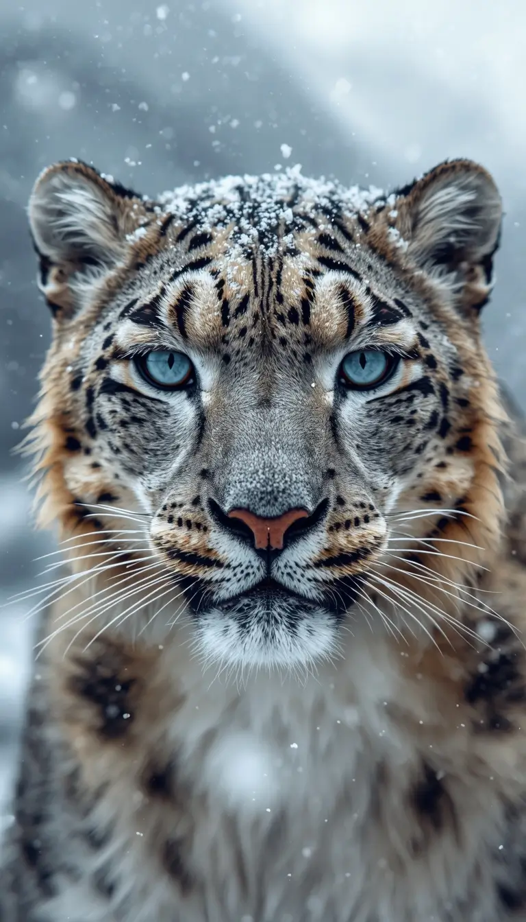 Snow leopard close up in snowfall blue eyes wildlife scene animal-wallpaper wild-animals-photos photo-of-animals nature