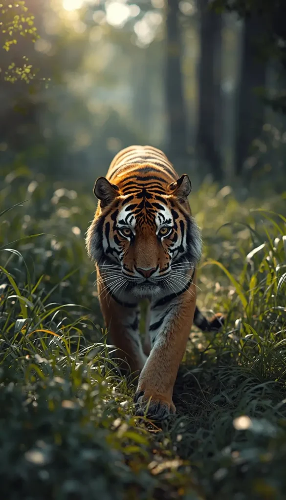 Bengal tiger walking through lush jungle grass with intense gaze, stunning wildlife animal-wallpaper for mobile and desktop.