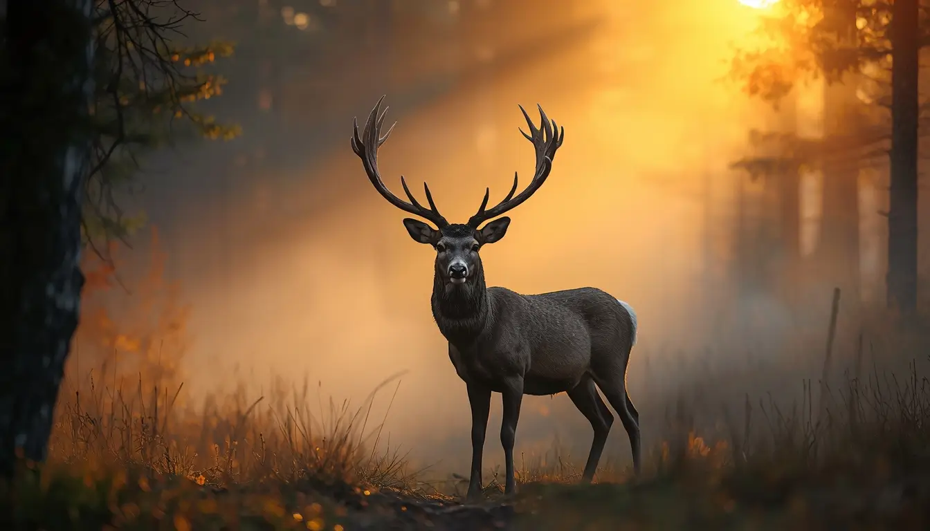 Majestic stag deer with large antlers standing in misty forest during sunrise perfect wildlife animal-wallpaper for mobile or desktop.