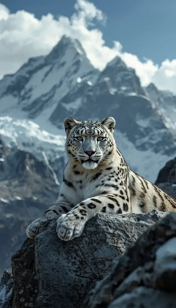 Snow leopard resting on a rocky cliff with snowy mountain peaks in the background, perfect high-resolution animal-wallpaper.
