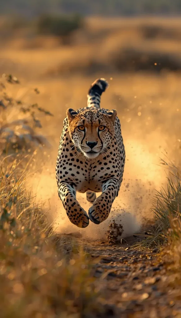 Cheetah running fast across golden savannah grass with dust flying powerful wildlife animal-wallpaper for mobile and desktop.