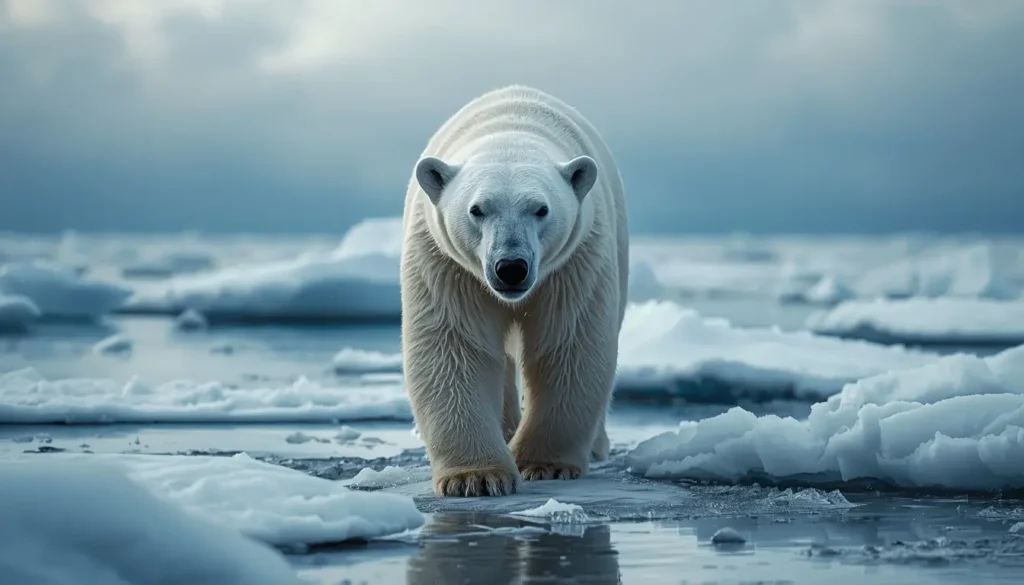 Polar bear walking across Arctic sea ice surrounded by frozen ocean landscape stunning wildlife animal-wallpaper for mobile or desktop.