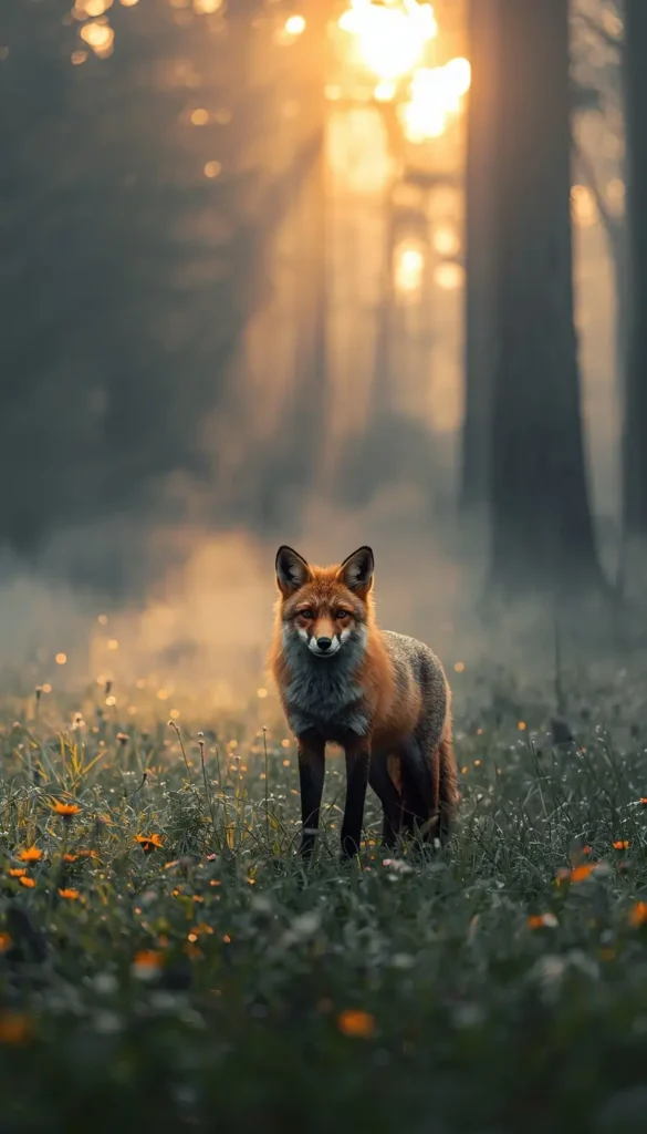 Red fox standing in a misty forest clearing with golden sunlight shining through trees perfect wildlife animal-wallpaper.