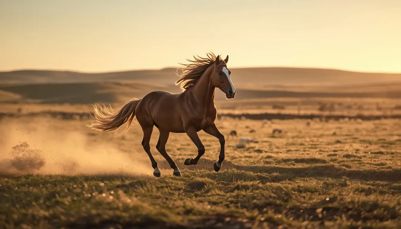 Graceful horse running across open field during golden sunset with dust in the air beautiful wildlife animal-wallpaper.