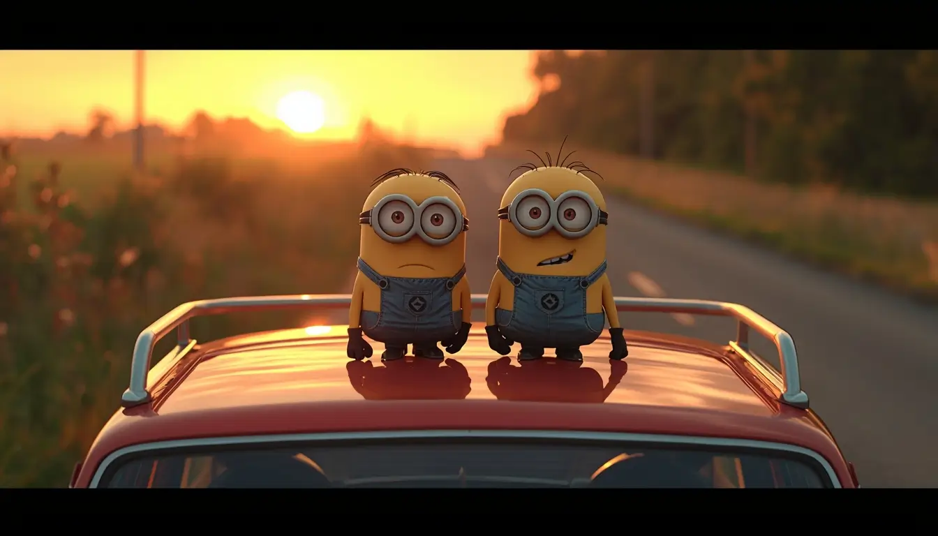 Two cute Minions standing on a car roof on a countryside road during sunset creating a scenic background minions wallpaper for desktop screens.