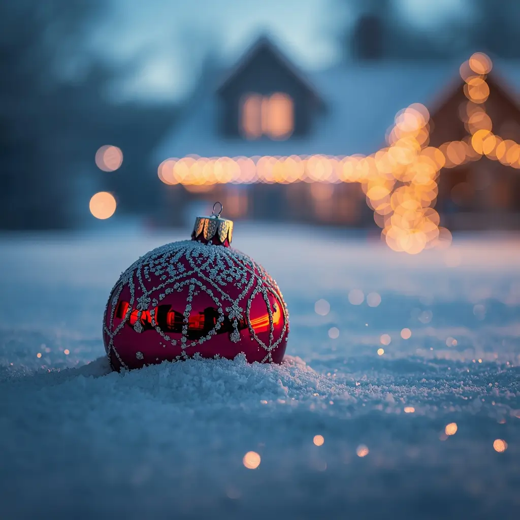 Red Christmas ornament placed on snow with blurred warm lights and house in background creating a calm festive winter scene