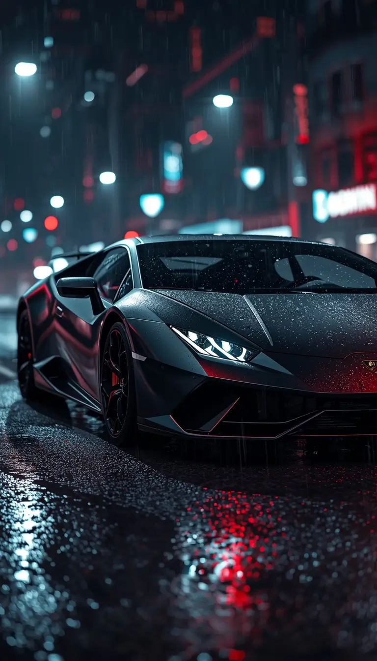 black-car-wallpaper-4k of a matte black Lamborghini on a rainy city street at night with neon reflections, ideal iphone car wallpaper