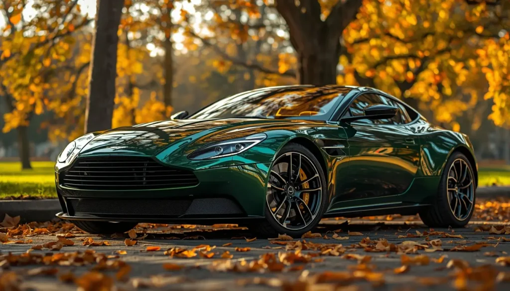 black-car-wallpaper-4k of a metallic green luxury sports car parked on a leaf covered road in autumn forest, perfect iphone-car-wallpaper