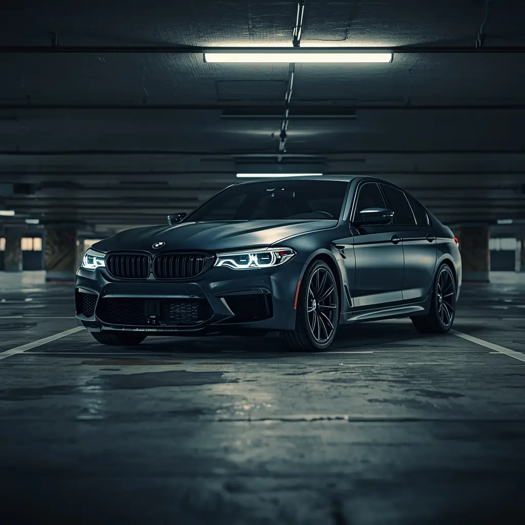 black-car-wallpaper-4k of a dark BMW M5 sedan parked in an underground garage with headlights on, ideal high quality iphone car wallpaper