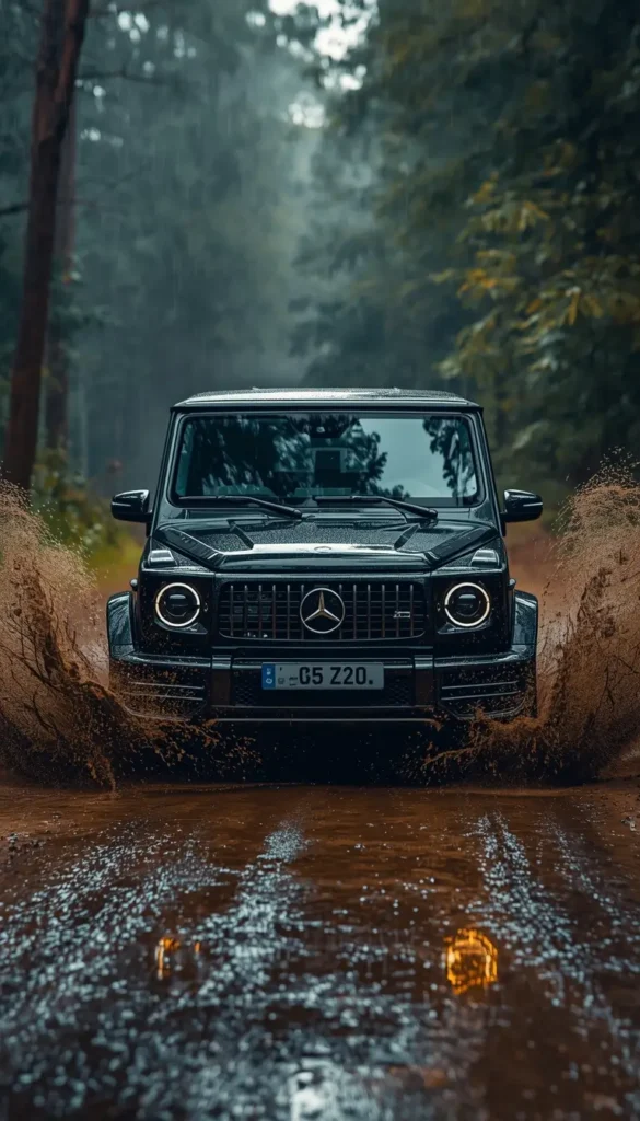 black-car-wallpaper-4k of a black Mercedes G Wagon splashing through muddy water on a forest road, high quality iphone car background