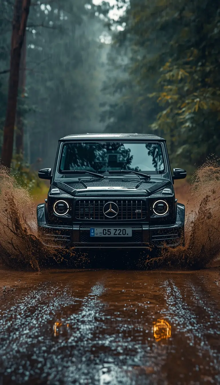 black-car-wallpaper-4k of a black Mercedes G Wagon splashing through muddy water on a forest road, high quality iphone car background