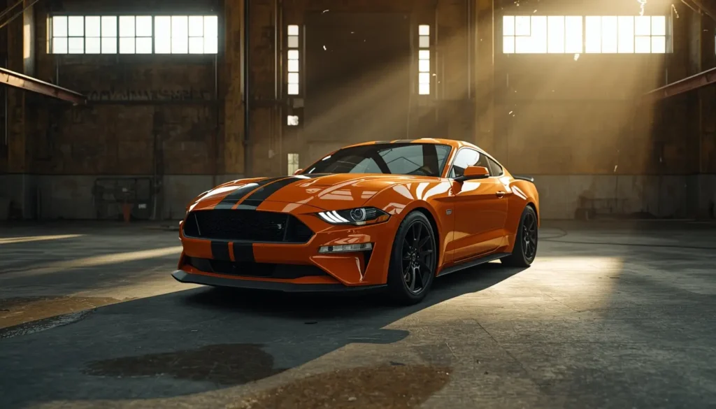 Orange sports car in industrial garage with light rays - black-car-wallpaper-4k