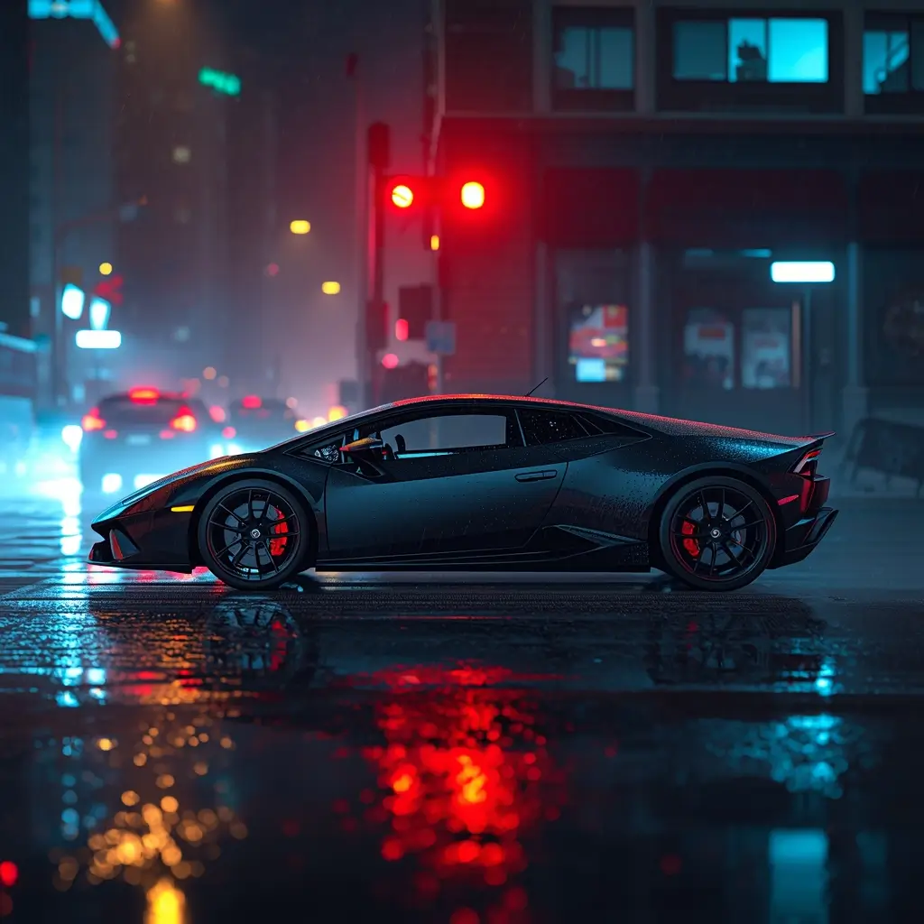 Black sports car on rainy city street at night - black-car-wallpaper-4k