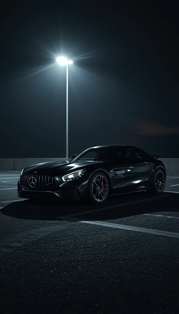 Black sports car under street light at night - black-car-wallpaper-4k