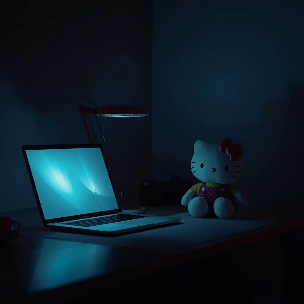 black-hello-kitty-wallpaper showing dark desk with glowing laptop screen desk lamp and cute Hello Kitty plush in minimal night setup