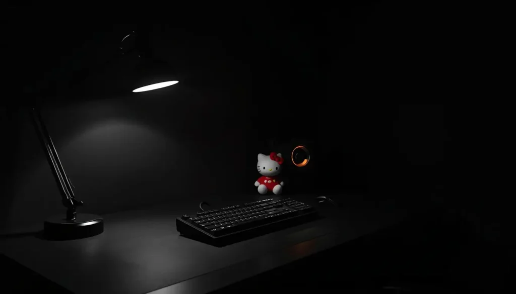 black-hello-kitty-wallpaper showing dark minimalist desk with keyboard lamp and small Hello Kitty figure in moody black setup