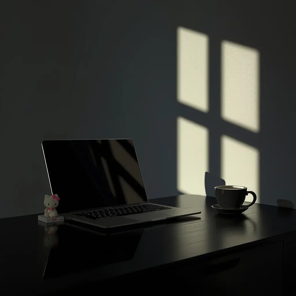 black-hello-kitty-wallpaper showing minimalist dark desk with laptop coffee cup window light shadows and small Hello Kitty figure