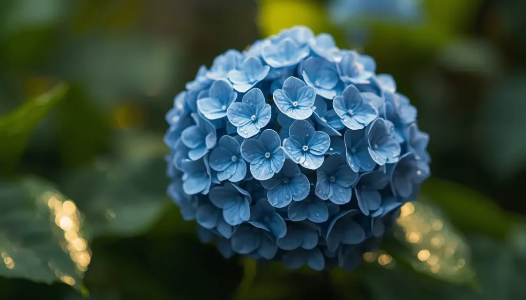 Close up blue hydrangea flower with water droplets aesthetic blue flower wallpaper for desktop and phone background