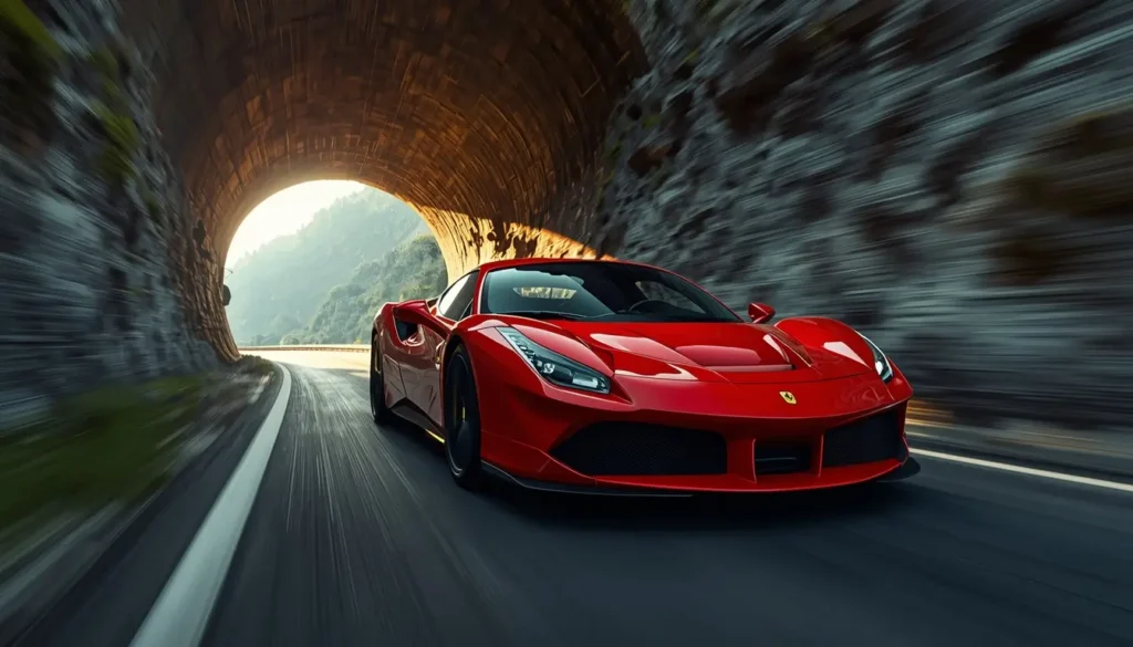 car-wallpaper-iphone of a red Ferrari racing through a mountain tunnel with motion blur, ideal high quality iphone car background
