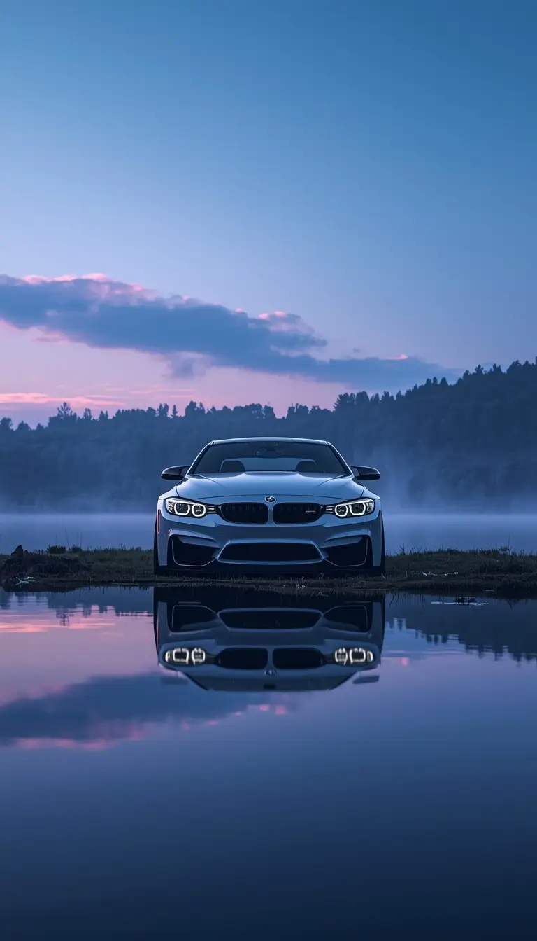 White sports car reflection on lake at sunset - car-wallpaper-iphone