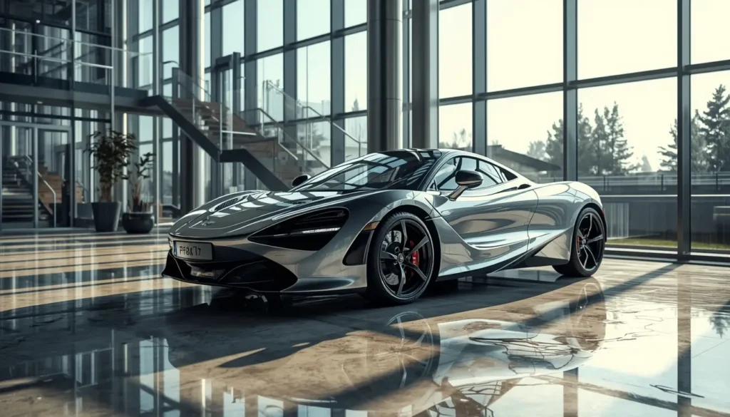 Silver luxury sports car in modern glass building - car-wallpaper-iphone