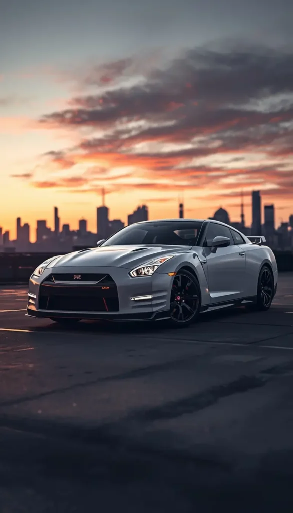 car-wallpaper-iphone showing a white Nissan GT R on a rooftop at sunset with city skyline, perfect high quality iphone car background