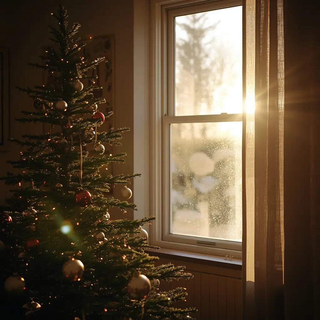 Christmas tree with ornaments beside a sunlit window creating a warm cozy holiday morning scene