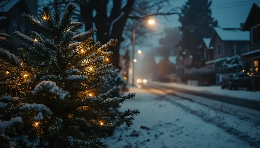 christmas background iphone snowy street with decorated tree glowing lights winter evening scene