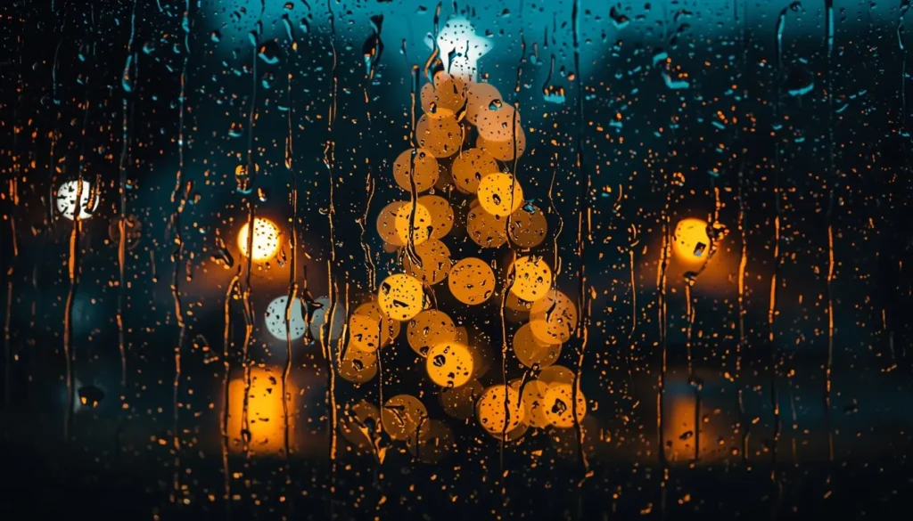 Blurred Christmas tree lights seen through a rainy window with water droplets creating a dreamy cozy festive night scene
