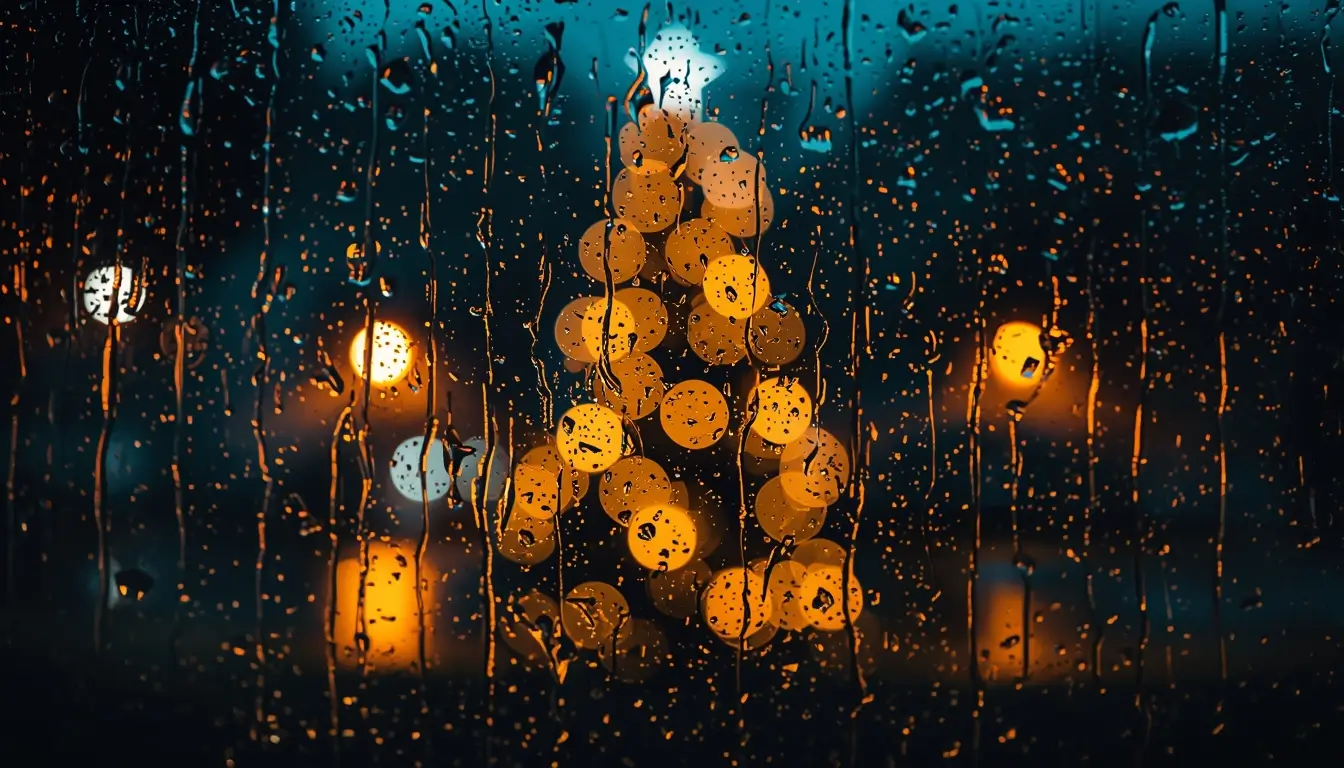 Blurred Christmas tree lights seen through a rainy window with water droplets creating a dreamy cozy festive night scene
