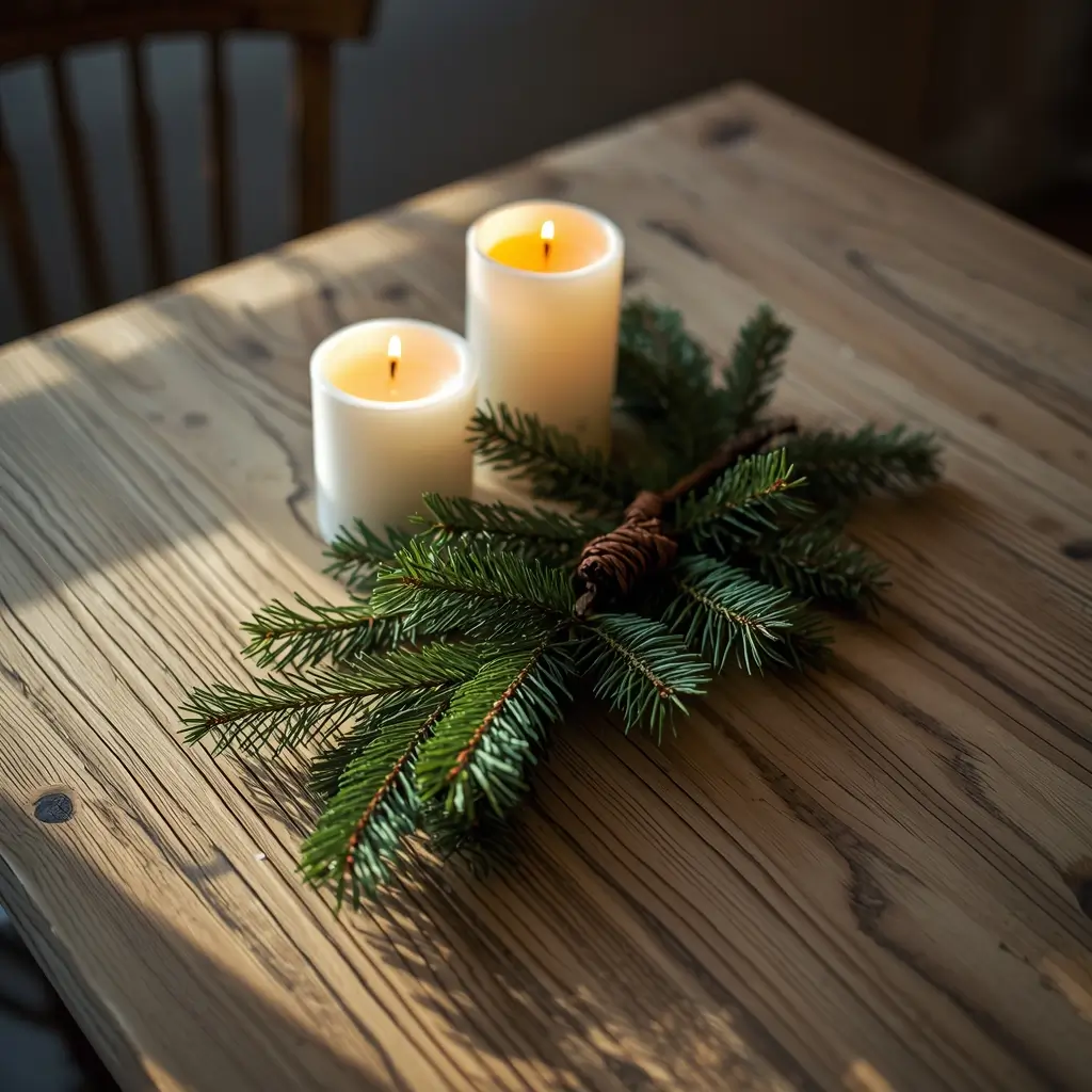 christmas background tree with candles and pine branches on wooden table cozy festive scene