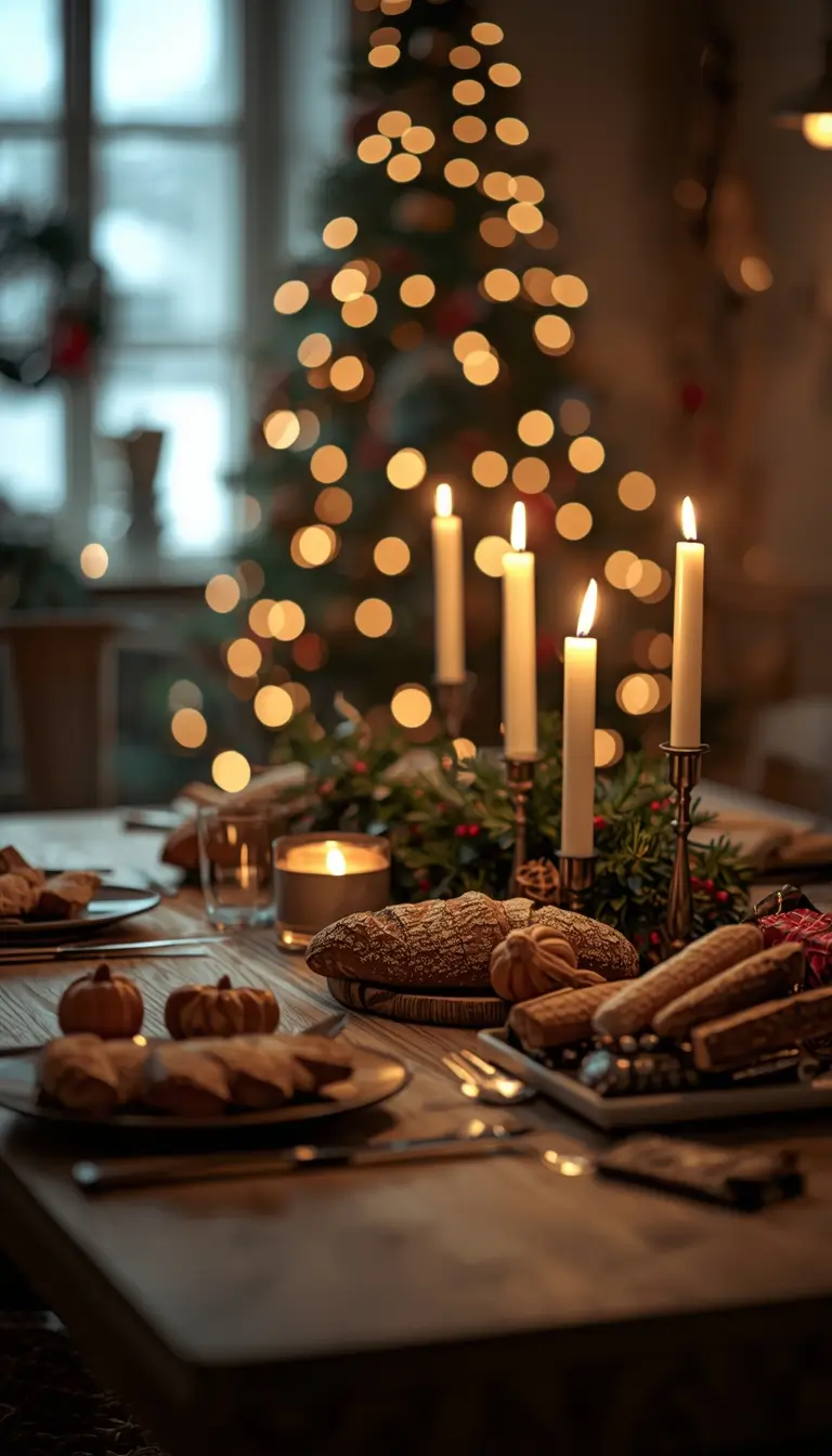 Christmas dinner table with candles food and glowing tree lights in background creating a warm festive celebration scene