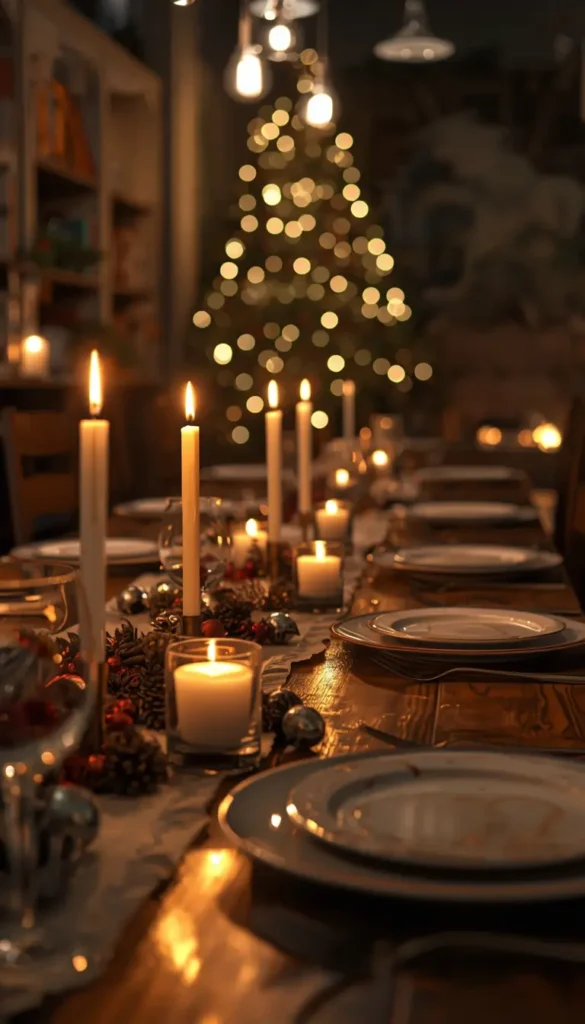 christmas celebration pictures cozy dinner table with candles and lights festive indoor scene