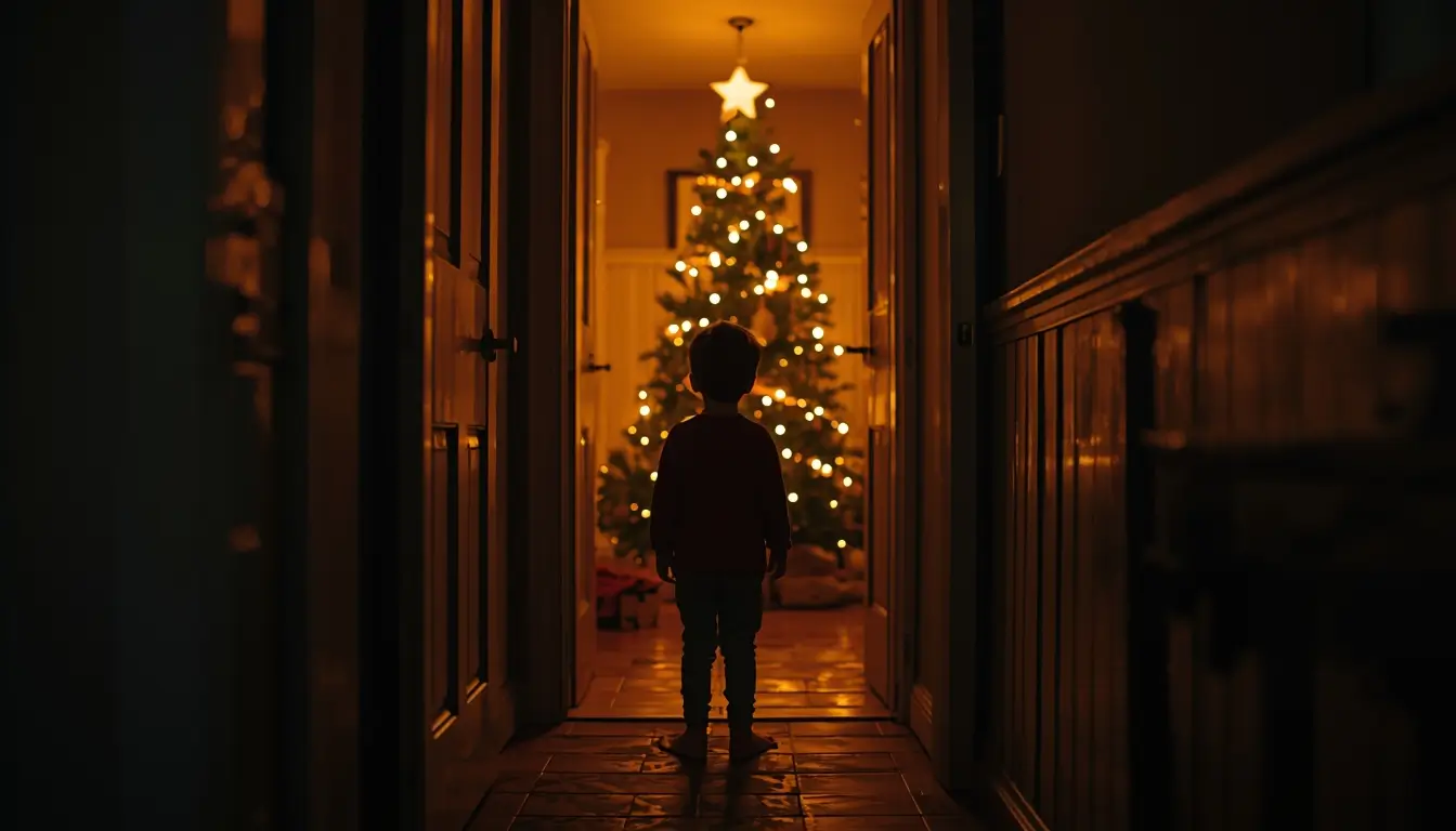 Child standing in a hallway looking at a glowing Christmas tree creating a warm magical holiday moment