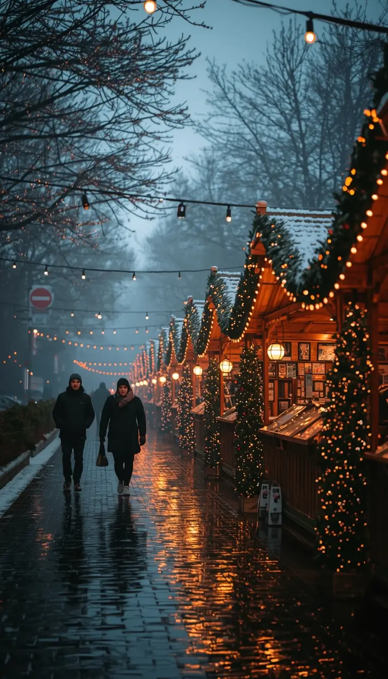 People walking through a cozy Christmas market street with glowing lights and decorated wooden stalls on a winter evening