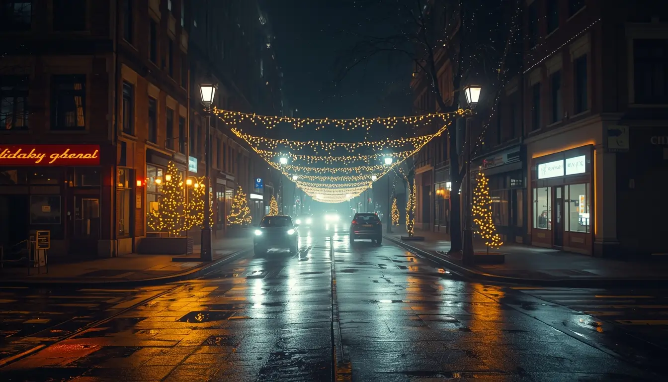 christmas festival images night street with glowing lights and decorated trees festive city scene