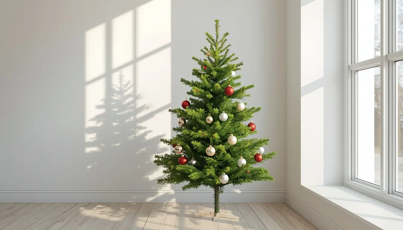 christmas tree background minimal room with decorated tree and sunlight aesthetic festive scene