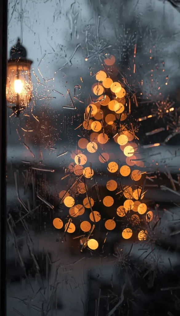 christmas wallpaper aesthetic frosted window with glowing lights tree shape cozy winter festive scene
