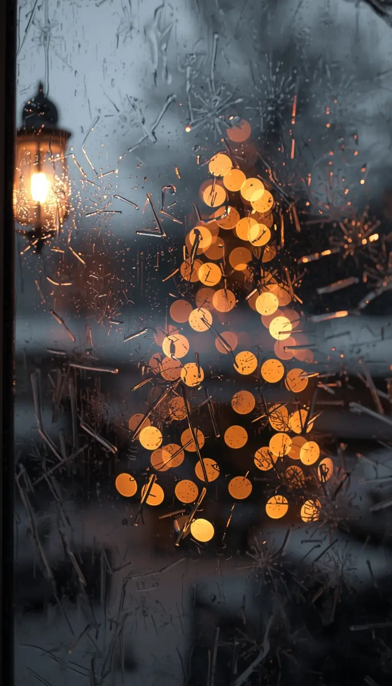christmas wallpaper aesthetic frosted window with glowing lights tree shape cozy winter festive scene