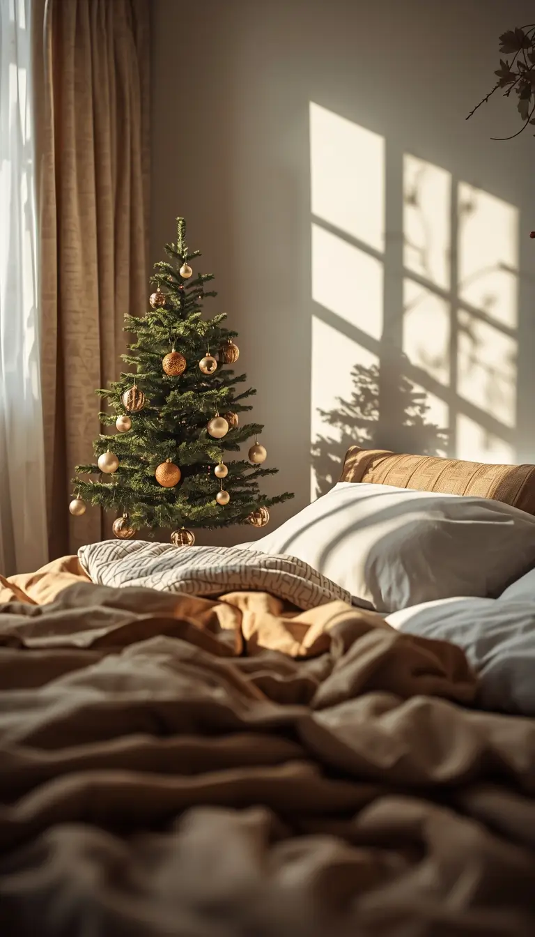 christmas wallpaper aesthetic cozy bedroom with small decorated tree and sunlight festive calm scene