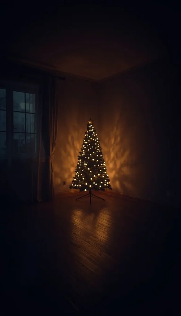 A glowing Christmas tree in a dark room with warm lights creating a cozy aesthetic holiday scene