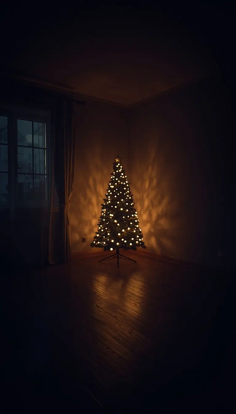 A glowing Christmas tree in a dark room with warm lights creating a cozy aesthetic holiday scene