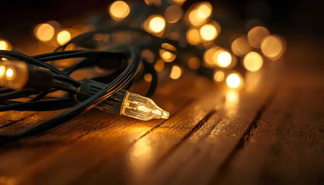 Close up of glowing Christmas string lights on a wooden surface creating a warm aesthetic holiday background