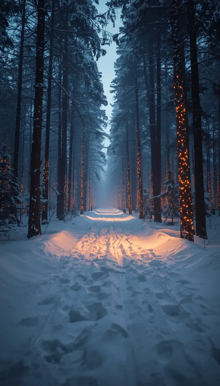 christmas wallpaper aesthetic snowy forest path with glowing lights on trees winter festive scene