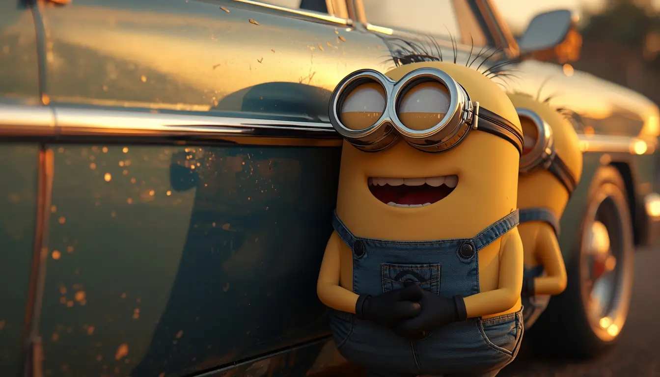 Two happy Minions leaning on a vintage car during sunset creating a cute minions wallpaper perfect for desktop or computer background.