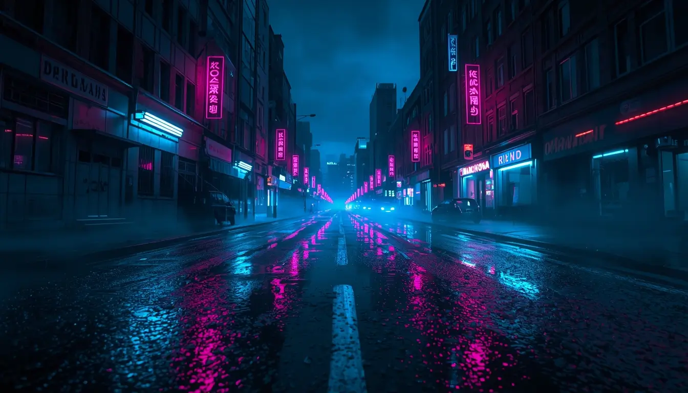 Neon cyberpunk city street with pink and blue reflections dark amoled wallpaper 4k style